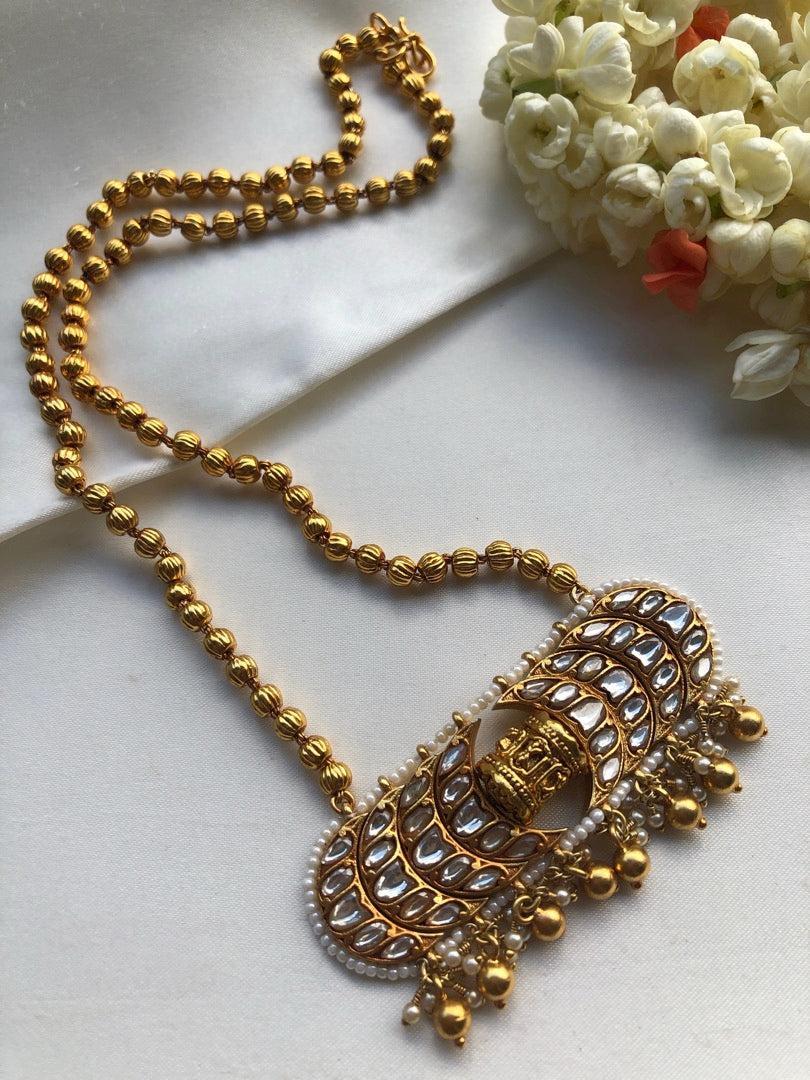 Gundu mala necklace with kundan pendant-Silver Neckpiece-pl-House of Taamara