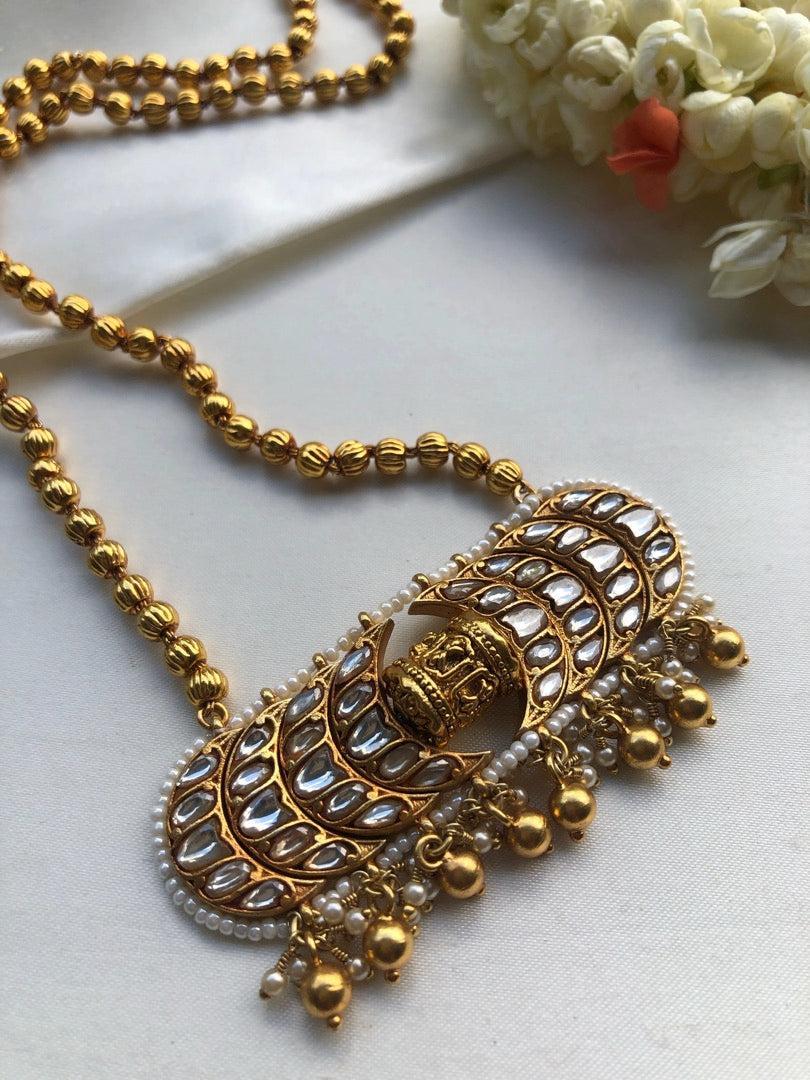 Gundu mala necklace with kundan pendant-Silver Neckpiece-pl-House of Taamara