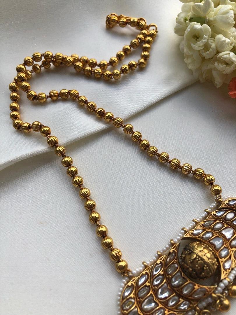 Gundu mala necklace with kundan pendant-Silver Neckpiece-pl-House of Taamara