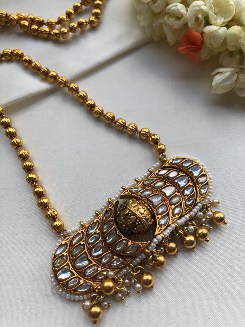 Gundu mala necklace with kundan pendant-Silver Neckpiece-pl-House of Taamara