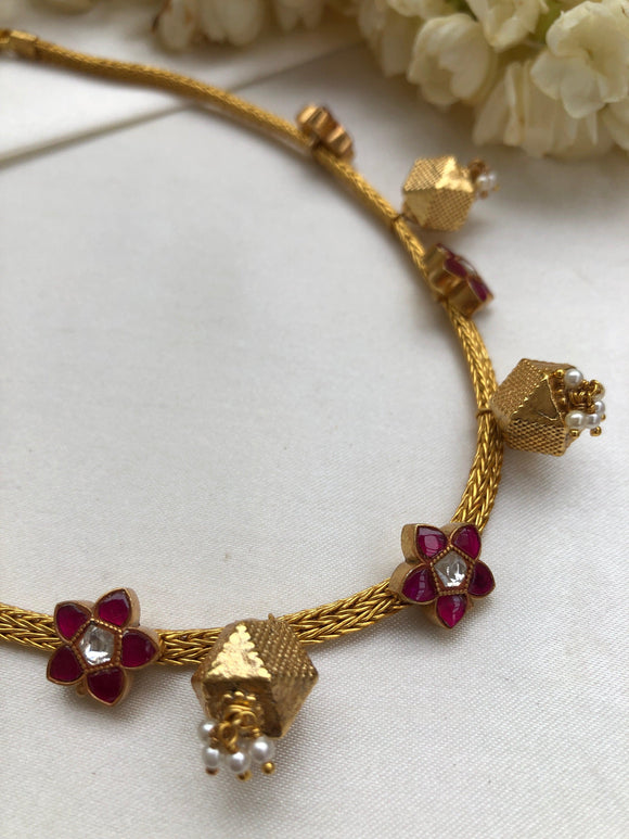 Gutta pusalu necklace with ruby flower & Astapatti beads & pearls bunch-Silver Neckpiece-PL-House of Taamara