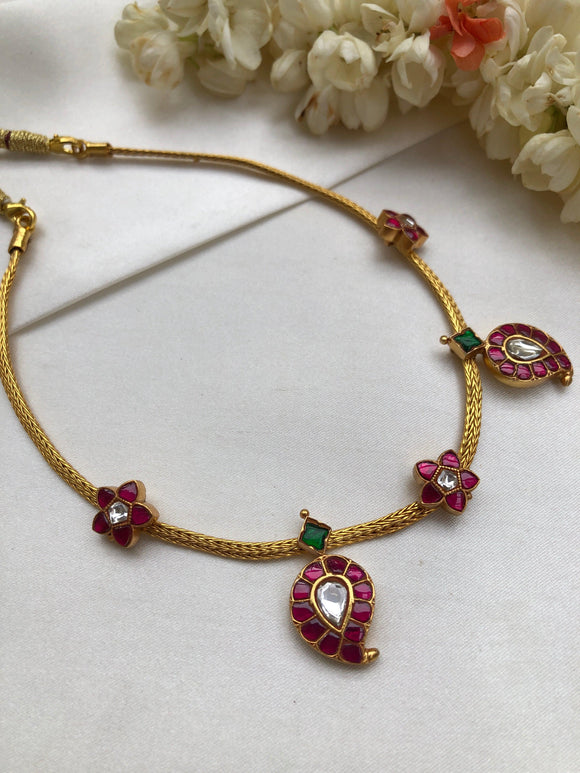 Gutta pusalu necklace with ruby flower and 2 paisleys-Silver Neckpiece-PL-House of Taamara