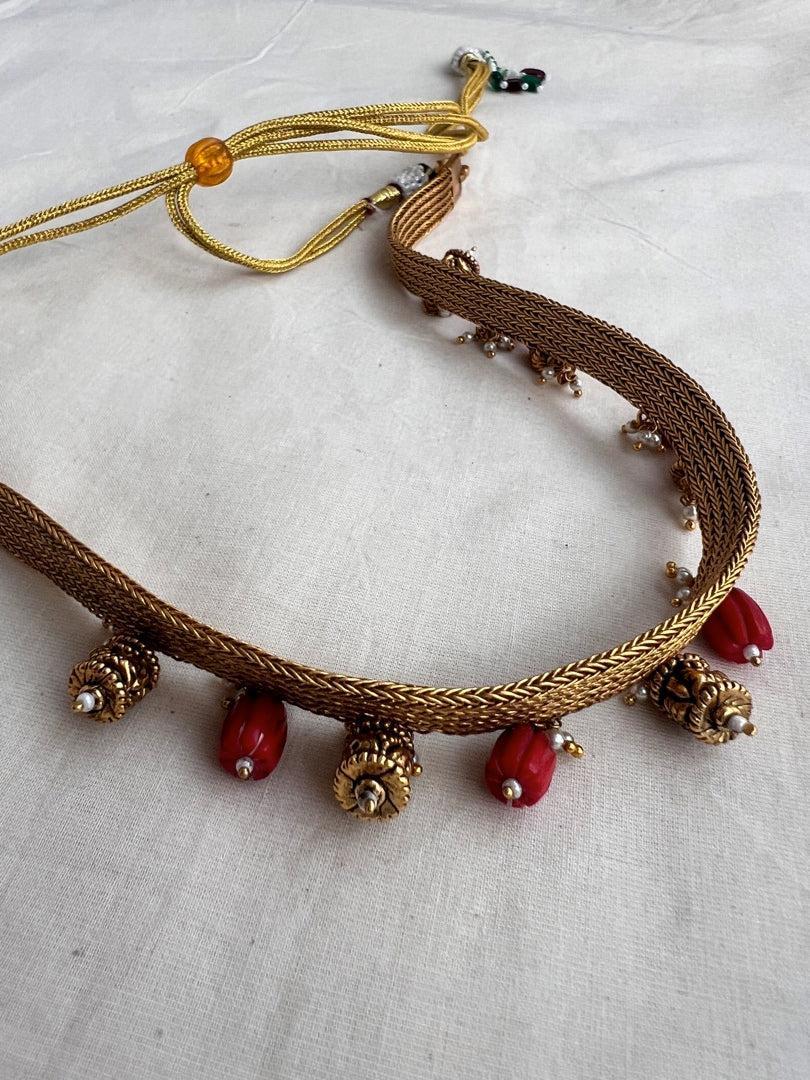 Guttu pusalu choker with cylindrical beads & corals-Silver Neckpiece-PL-House of Taamara