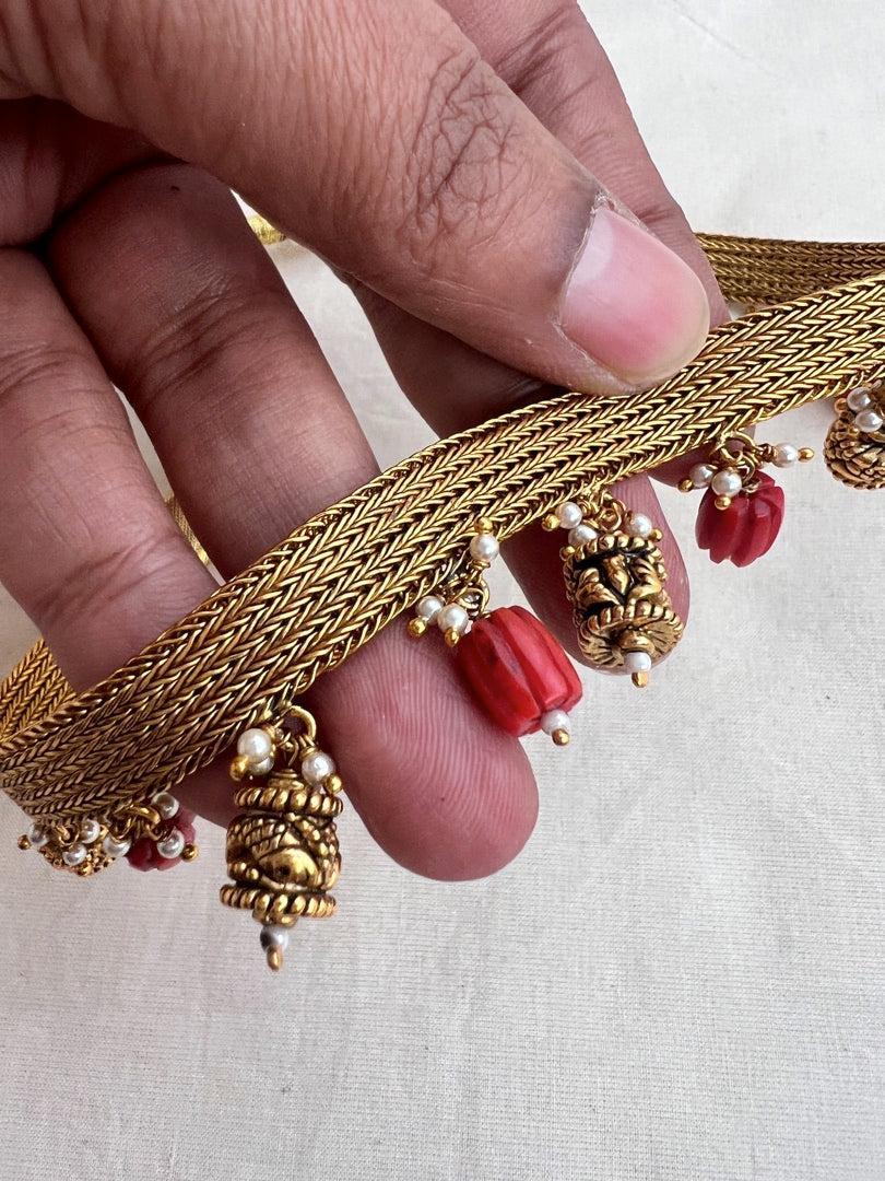 Guttu pusalu choker with cylindrical beads & corals-Silver Neckpiece-PL-House of Taamara