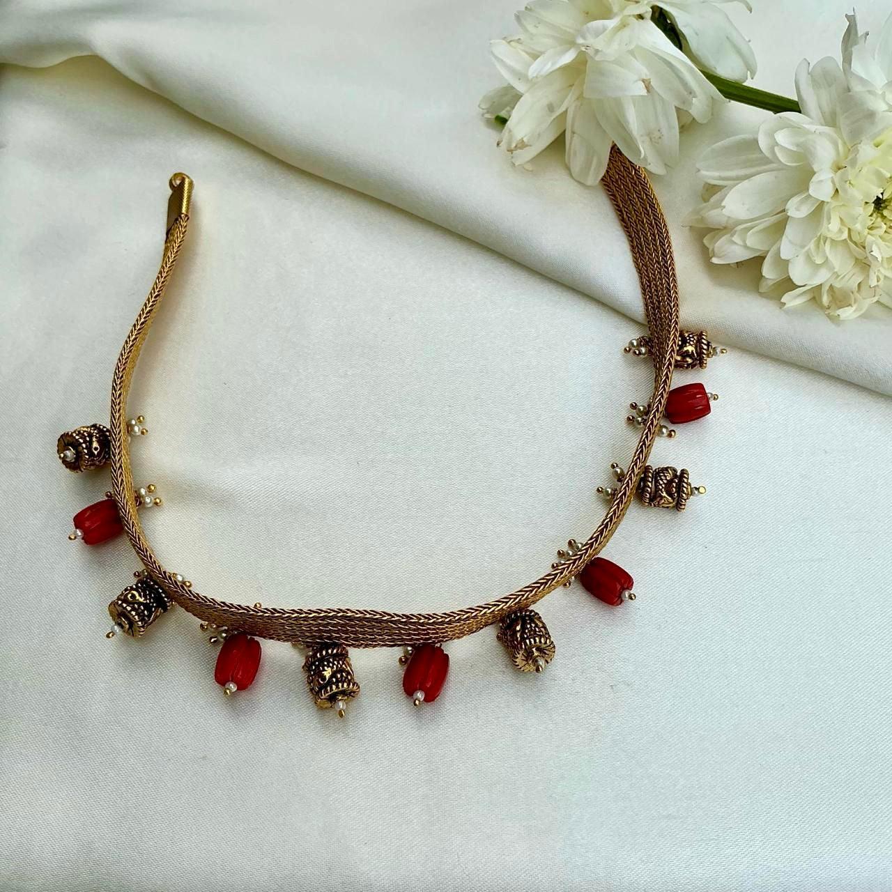Guttu pusalu choker with cylindrical beads & corals-Silver Neckpiece-PL-House of Taamara