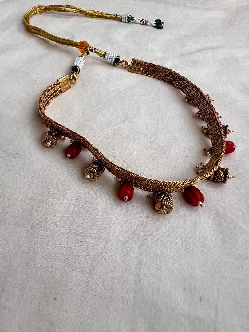 Guttu pusalu choker with cylindrical beads & corals-Silver Neckpiece-PL-House of Taamara