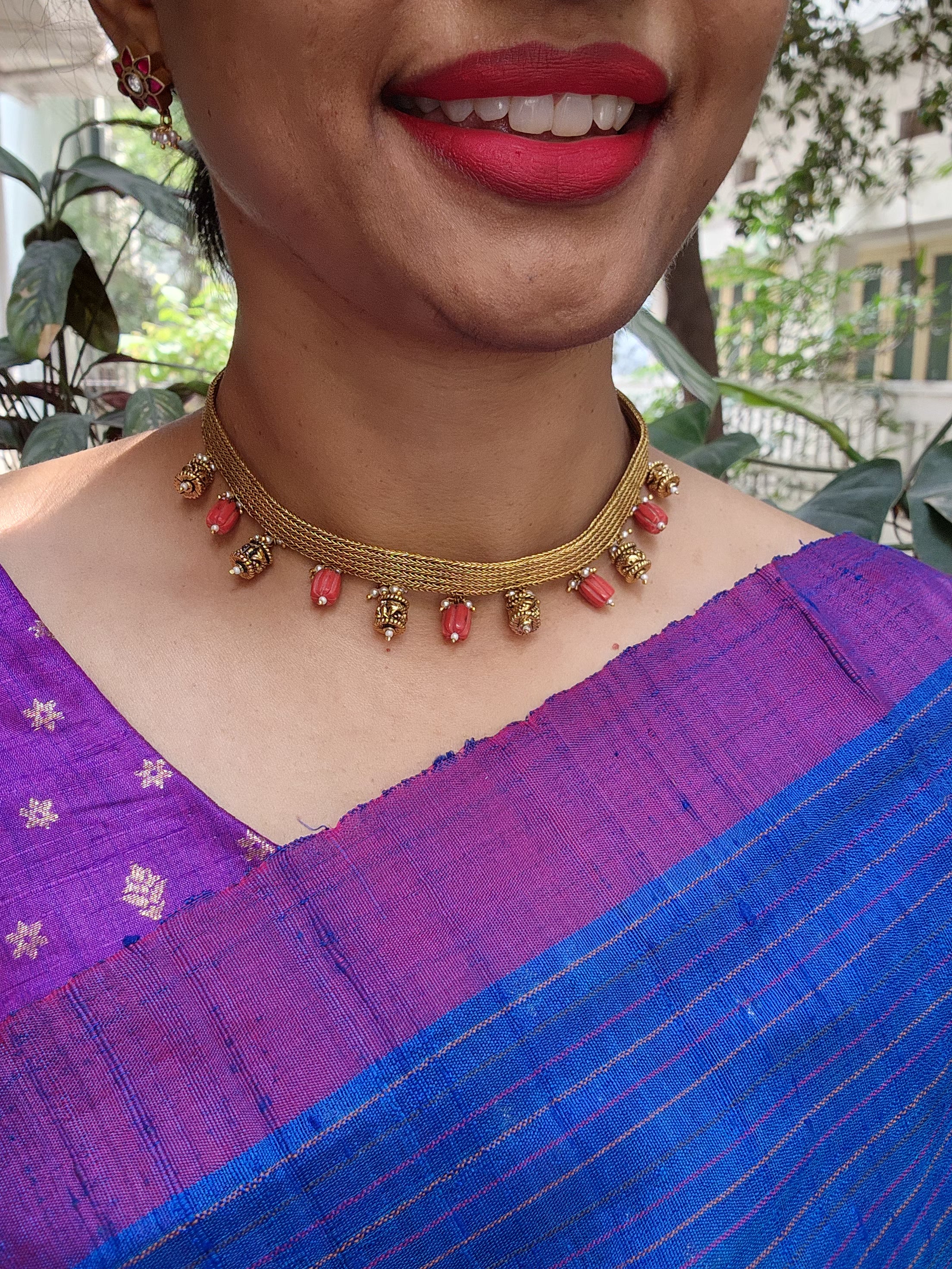 Guttu pusalu choker with cylindrical beads & corals-Silver Neckpiece-PL-House of Taamara