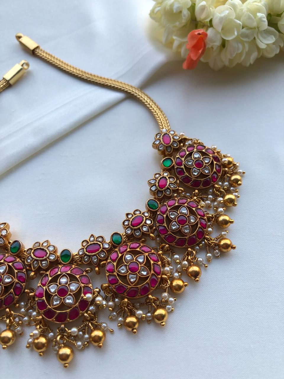 Guttu pusalu style battu necklace with gundus and pearls bunch-Silver Neckpiece-PL-House of Taamara