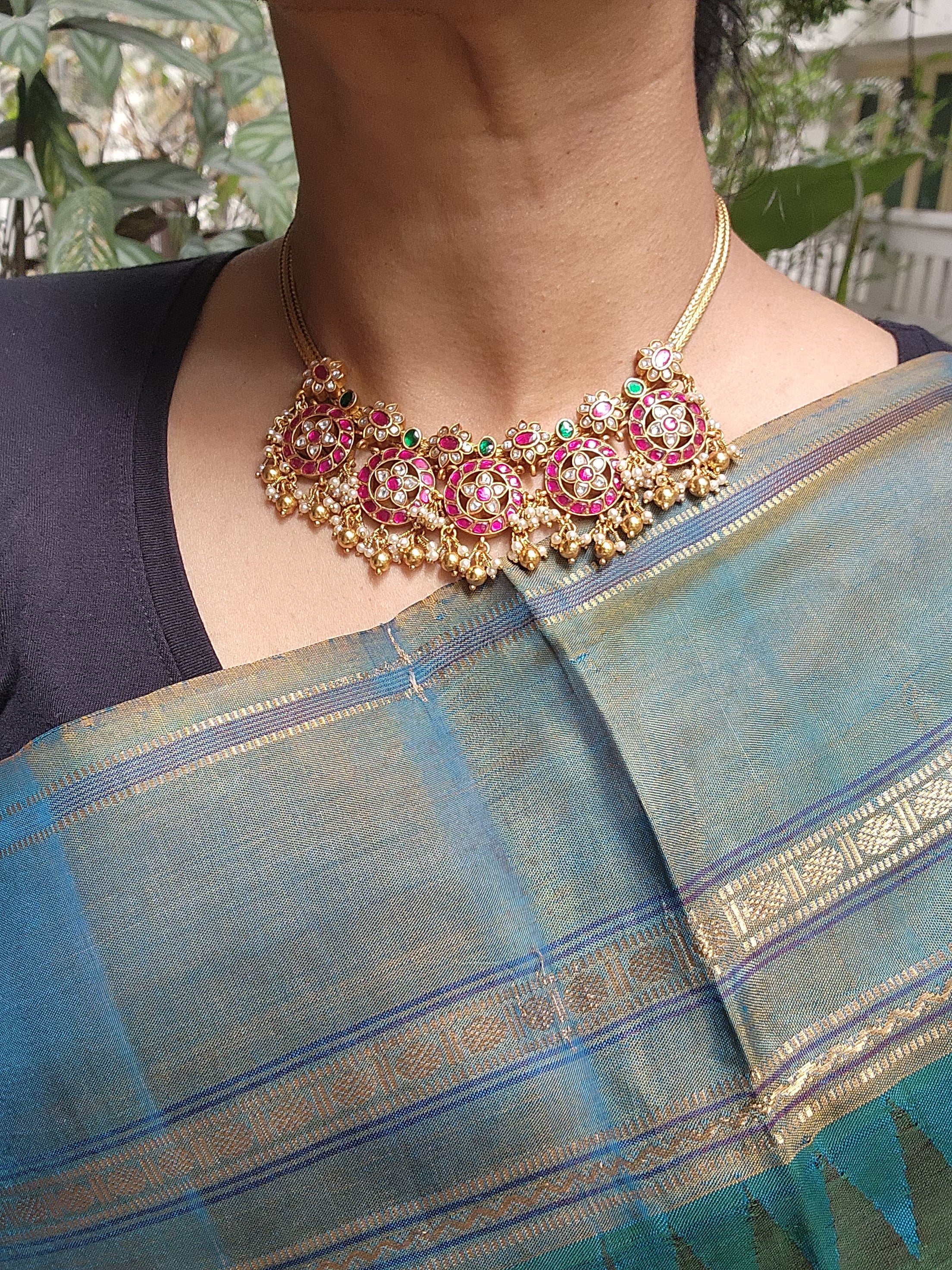 Guttu pusalu style battu necklace with gundus and pearls bunch-Silver Neckpiece-PL-House of Taamara