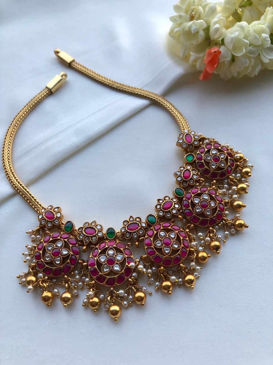 Guttu pusalu style battu necklace with gundus and pearls bunch-Silver Neckpiece-PL-House of Taamara