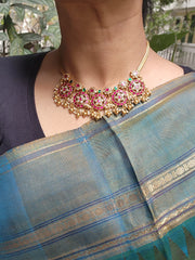 Guttu pusalu style battu necklace with gundus and pearls bunch-Silver Neckpiece-PL-House of Taamara