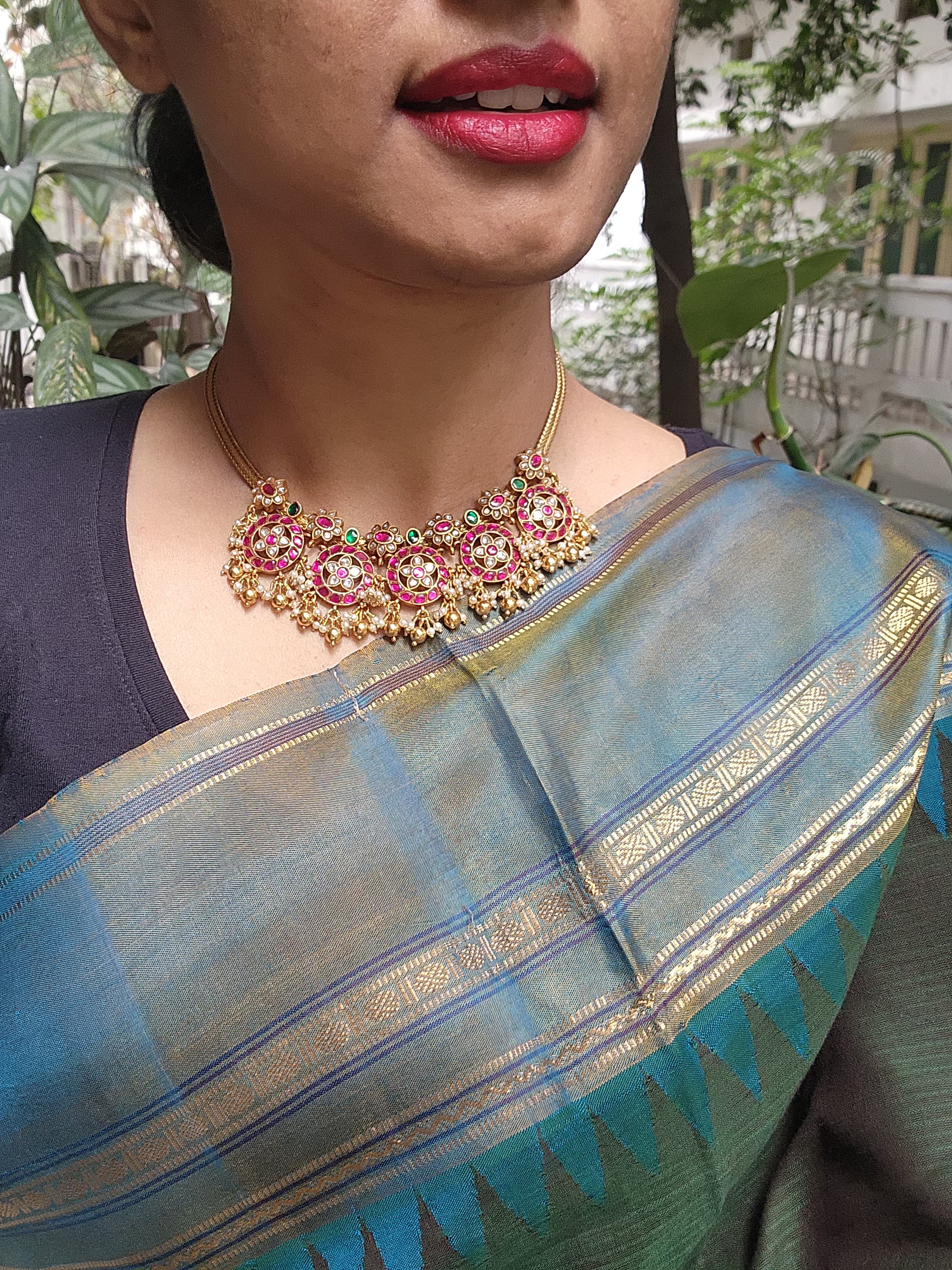 Guttu pusalu style battu necklace with gundus and pearls bunch-Silver Neckpiece-PL-House of Taamara