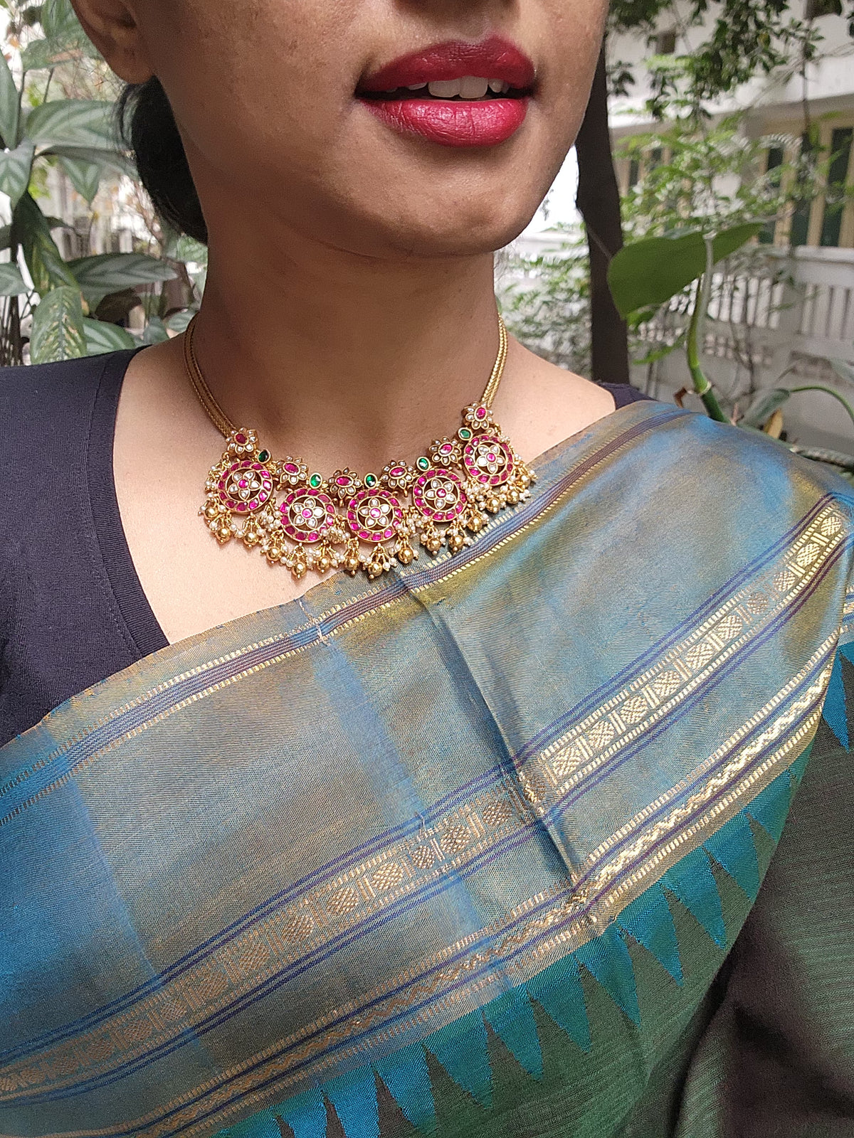 Guttu pusalu style battu necklace with gundus and pearls bunch-Silver Neckpiece-PL-House of Taamara