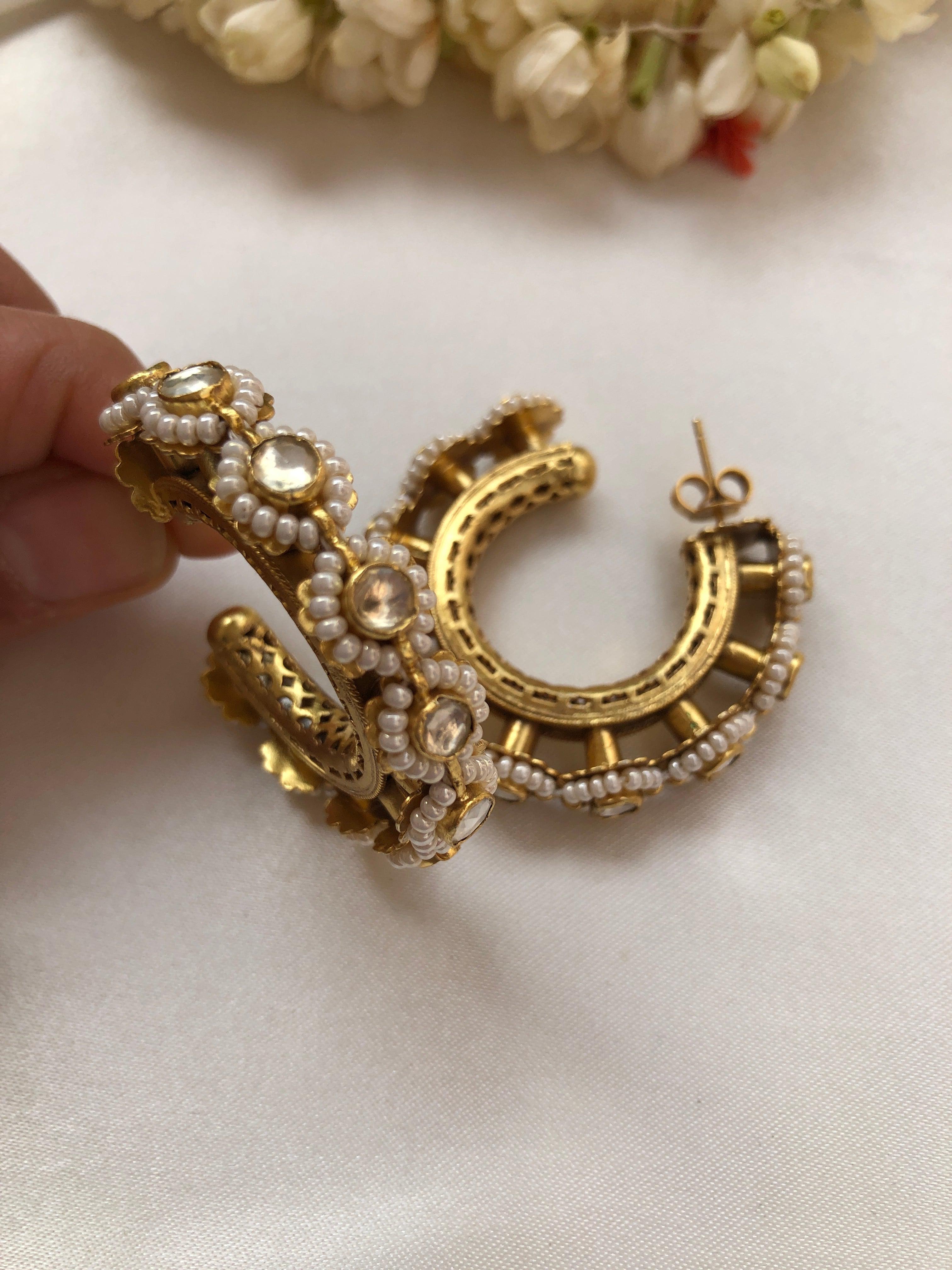 Half hoop earrings with antique style pearls & kundan-Earrings-PL-House of Taamara