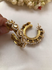 Half hoop earrings with antique style pearls & kundan-Earrings-PL-House of Taamara