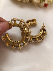 Half hoop earrings with antique style pearls & kundan-Earrings-PL-House of Taamara