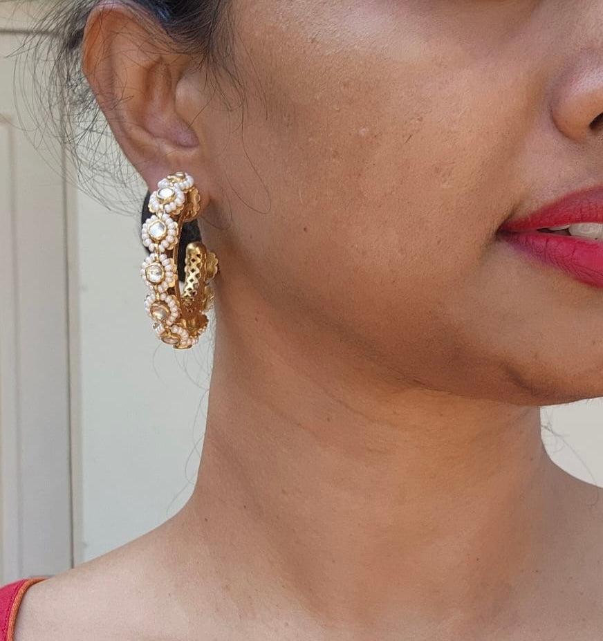 Half hoop earrings with antique style pearls & kundan-Earrings-PL-House of Taamara