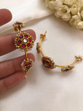 Half hoop earrings with kundan & ruby flower and pearls-Earrings-PL-House of Taamara