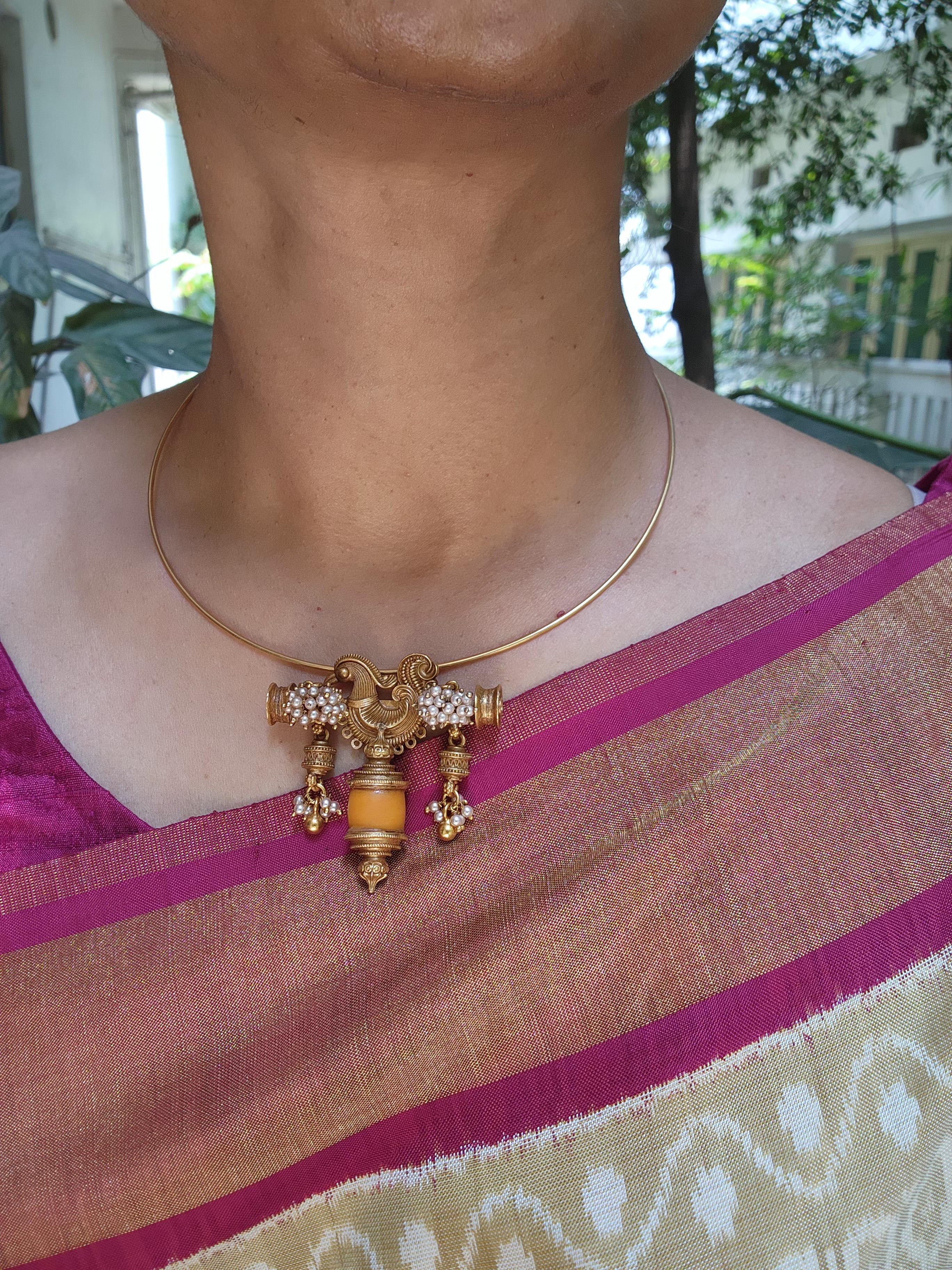 Hasli with Peacock & coral pendant-Silver Neckpiece-pl-House of Taamara