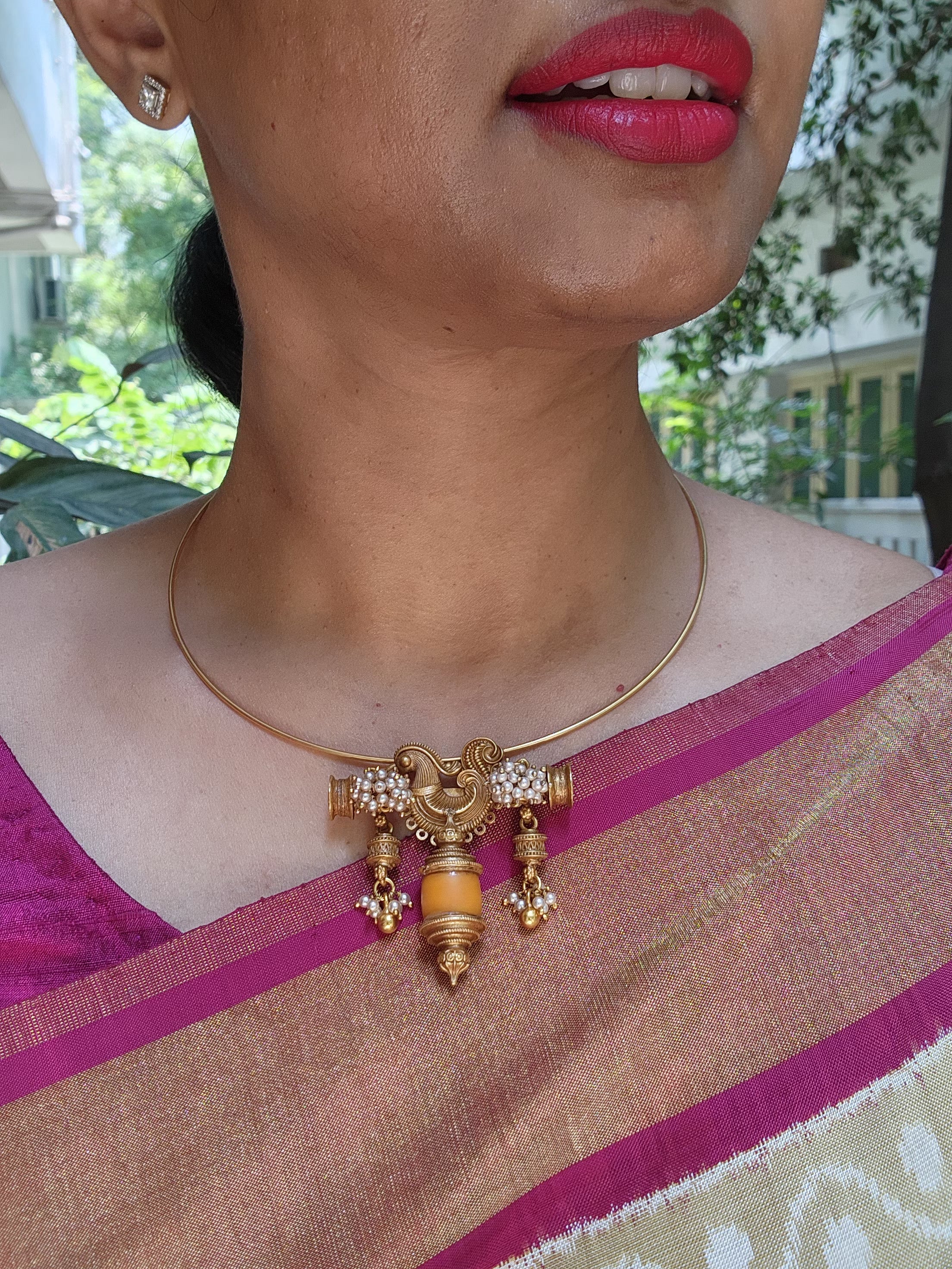 Hasli with Peacock & coral pendant-Silver Neckpiece-pl-House of Taamara