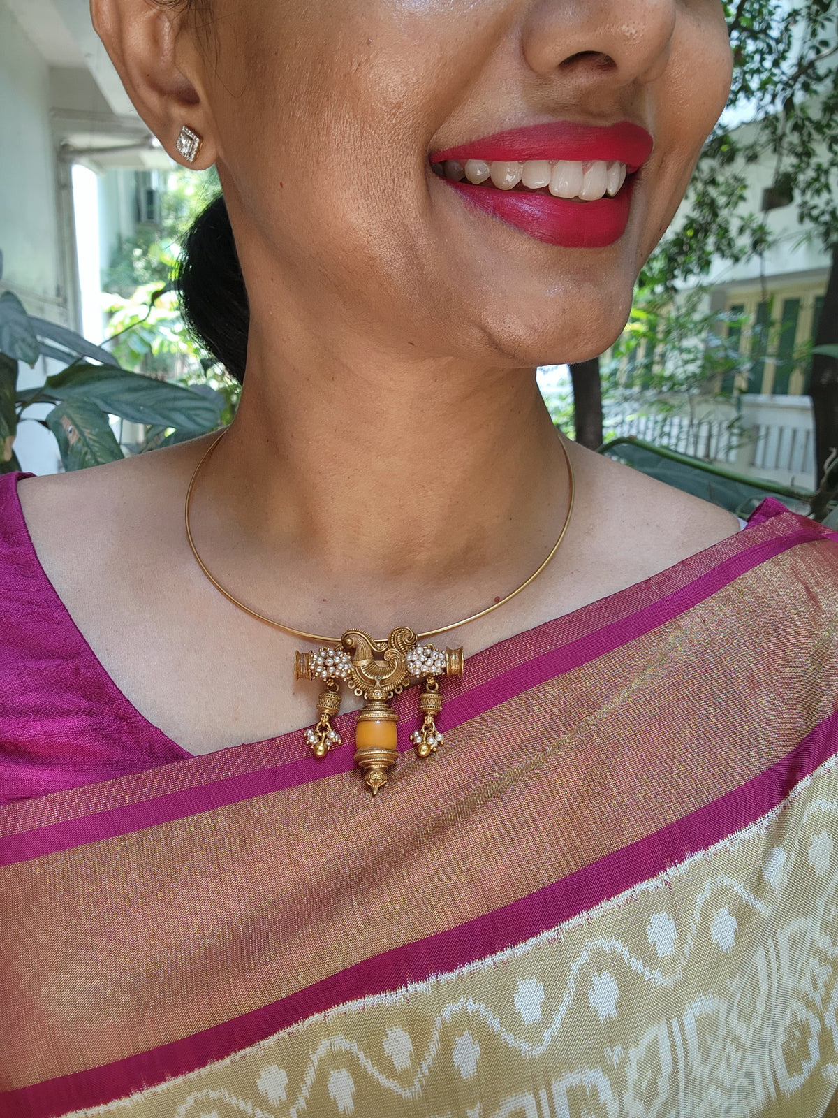 Hasli with Peacock & coral pendant-Silver Neckpiece-pl-House of Taamara