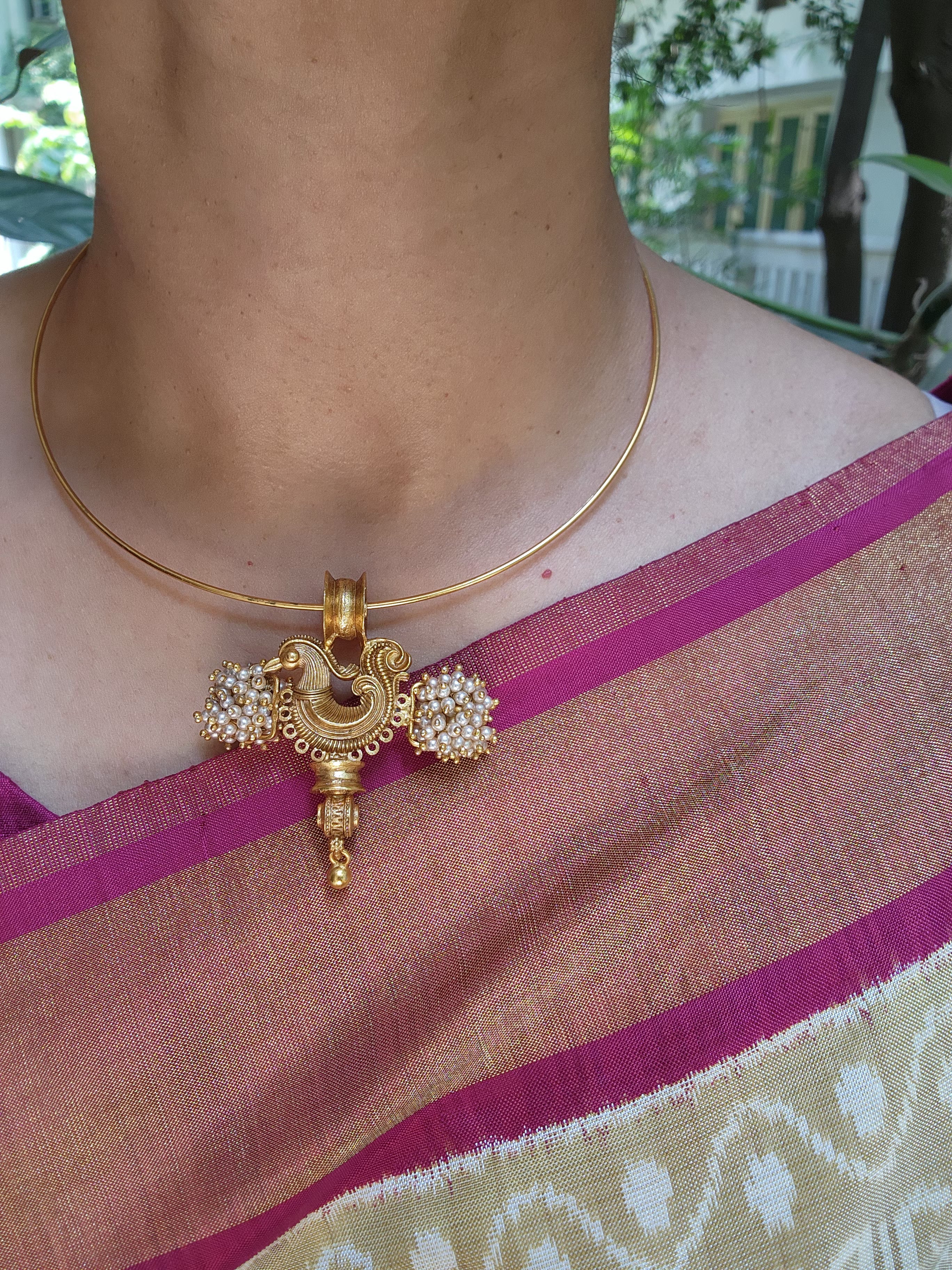 Hasli with Peacock pendant with bobin & pearls bunch-Silver Neckpiece-pl-House of Taamara