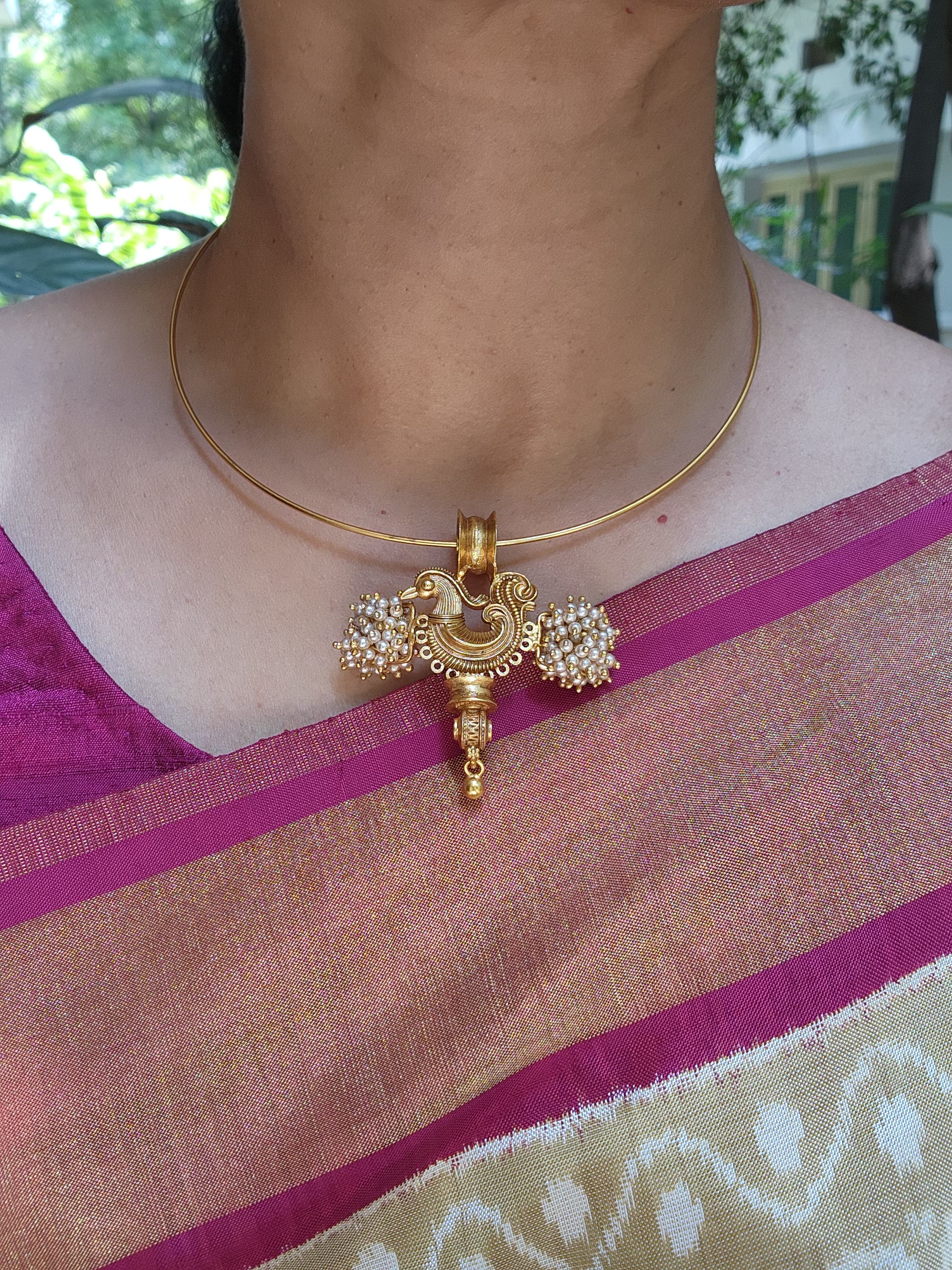 Hasli with Peacock pendant with bobin & pearls bunch-Silver Neckpiece-pl-House of Taamara