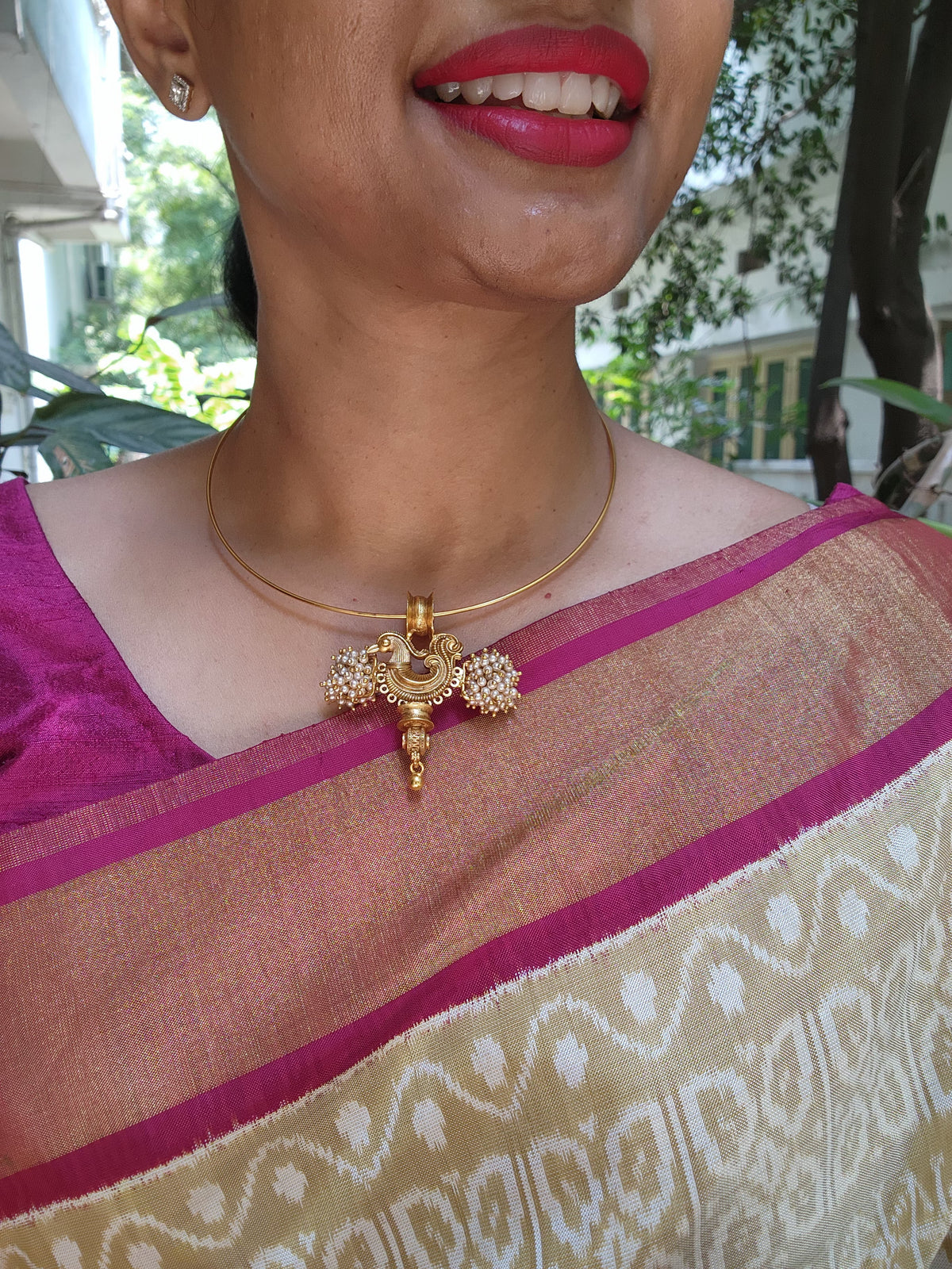 Hasli with Peacock pendant with bobin & pearls bunch-Silver Neckpiece-pl-House of Taamara