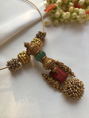 Hasli with green pumpkin bead, coral & pearls bunch pendant-Silver Neckpiece-PL-House of Taamara