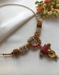 Hasli with kundan chaand, pearls bunch & antique beads pendant-Silver Neckpiece-PL-House of Taamara