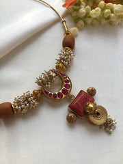 Hasli with kundan chaand, pearls bunch & antique beads pendant-Silver Neckpiece-PL-House of Taamara