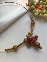 Hasli with kundan flower with coral pendant & beads-Silver Neckpiece-PL-House of Taamara