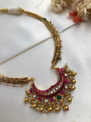 Hasli with kundan pendant and bunch pearls-Silver Neckpiece-PL-House of Taamara