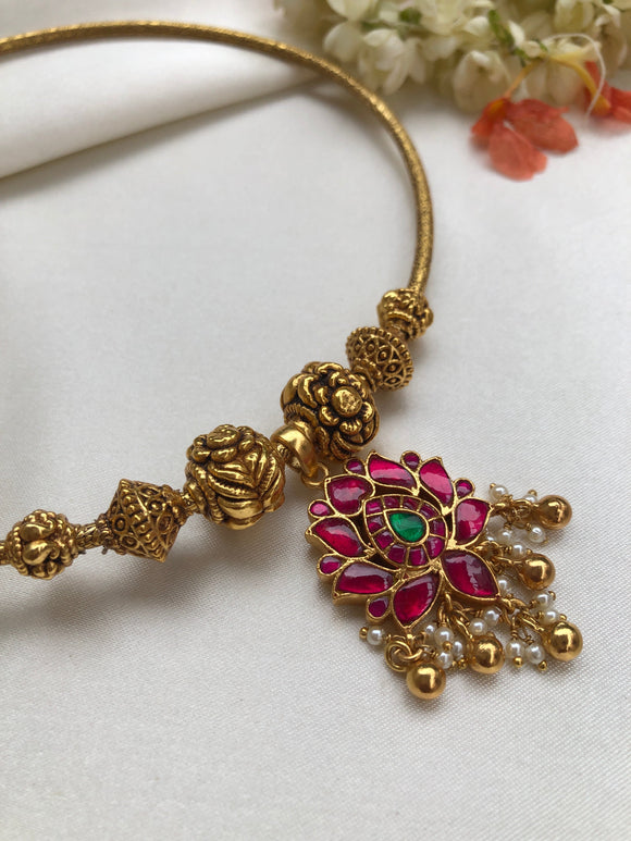 Hasli with kundan pendant with gold polish beads-Silver Neckpiece-PL-House of Taamara