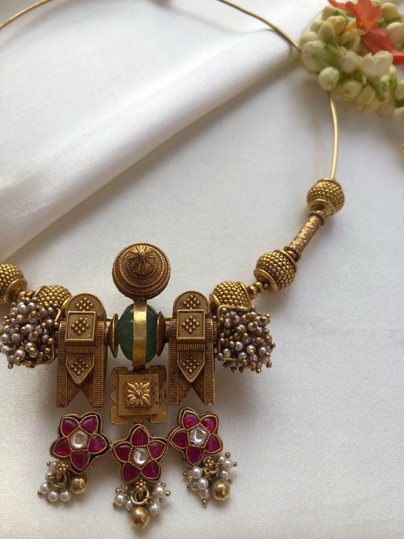 Hasli with vintage style pendant with antique beads & kundan flowers-Silver Neckpiece-PL-House of Taamara