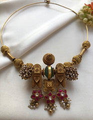 Hasli with vintage style pendant with antique beads & kundan flowers-Silver Neckpiece-PL-House of Taamara