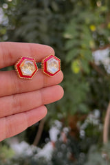 Hexagon Moissanite stud with red enamel-Silver earrings-EZ-House of Taamara