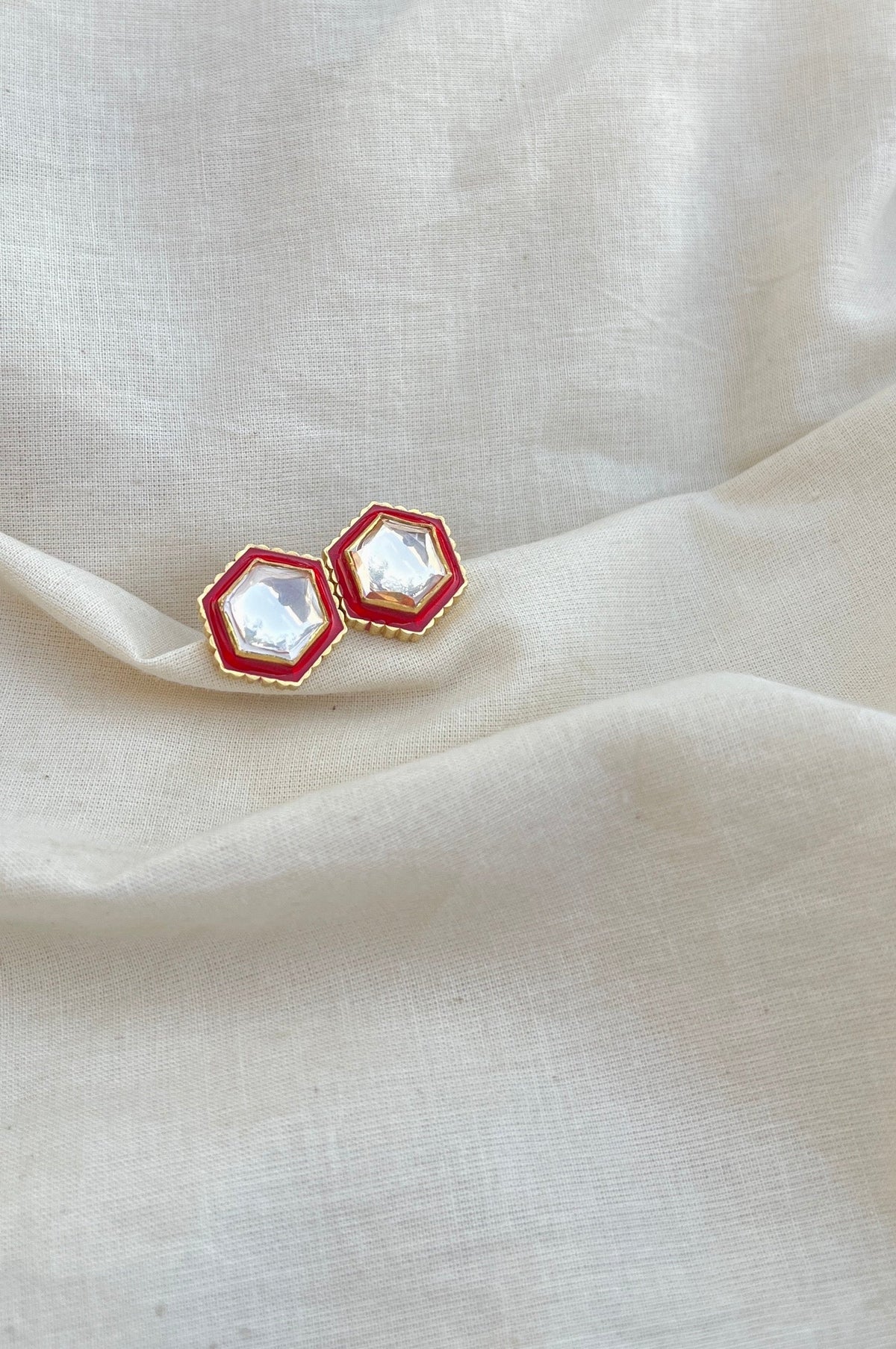 Hexagon Moissanite stud with red enamel-Silver earrings-EZ-House of Taamara