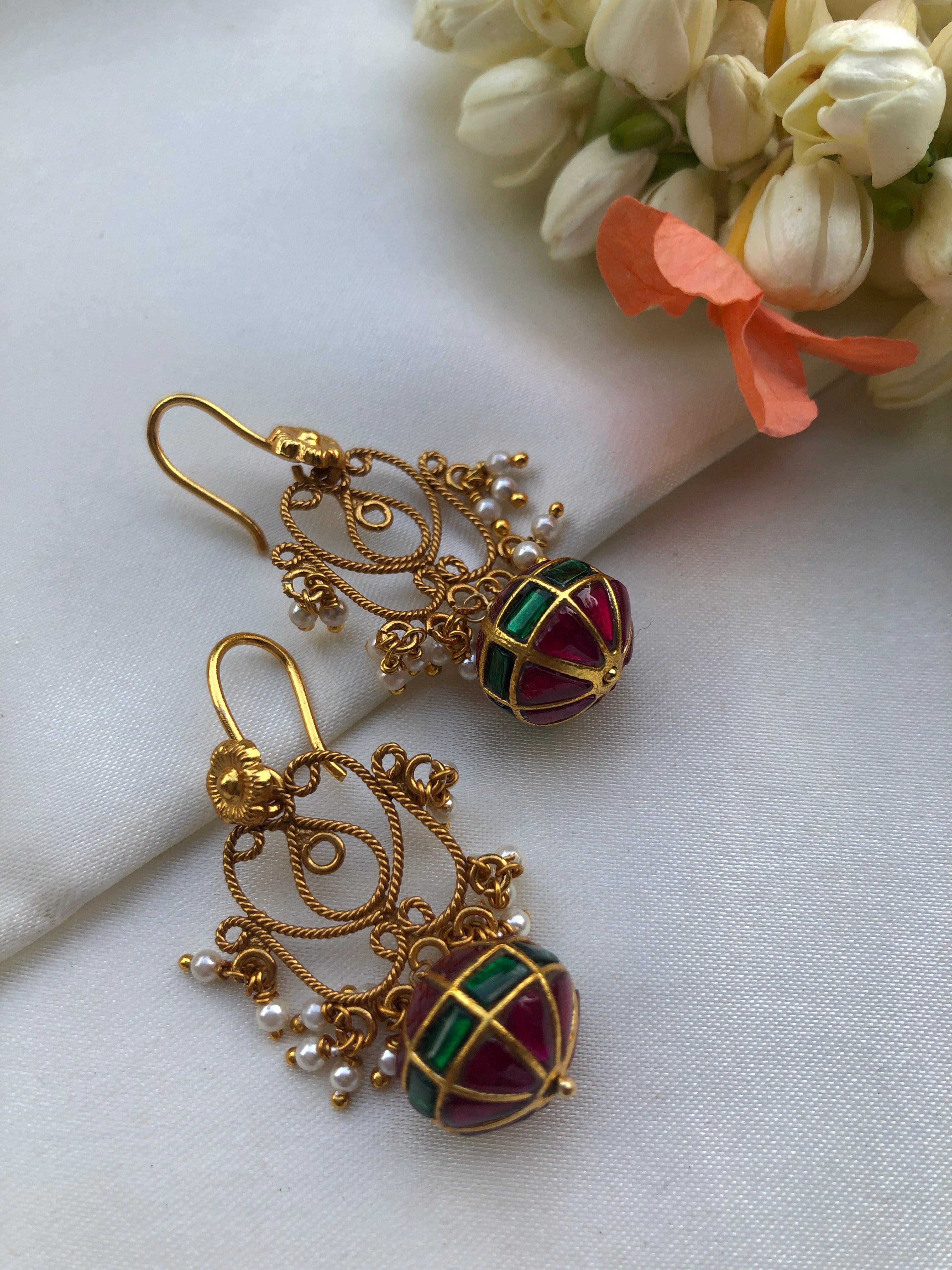 Hook filigree earrings with kundan & ruby bead-Earrings-PL-House of Taamara