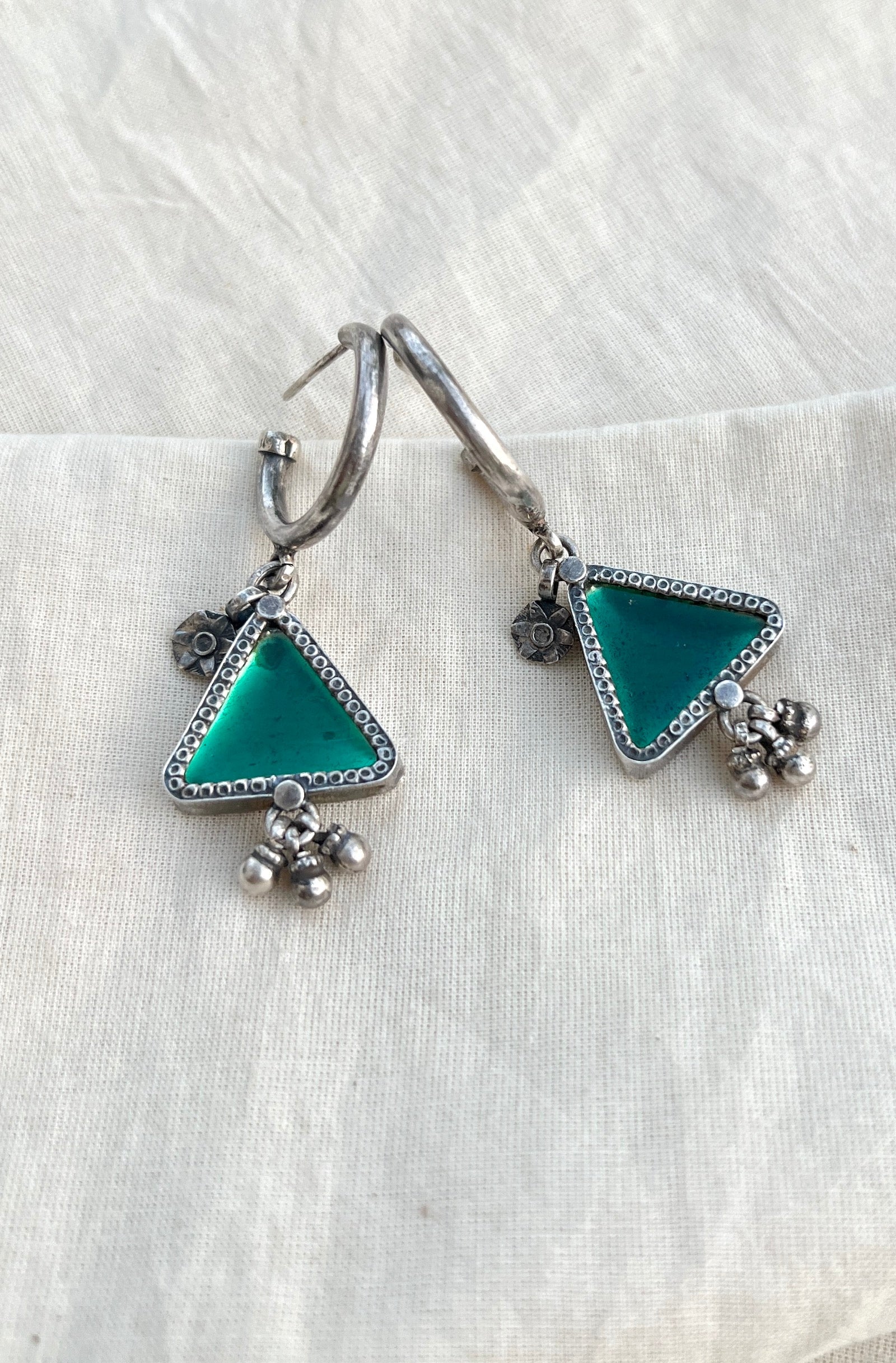 Hoop with green triangle-Silver earrings-EZ-House of Taamara