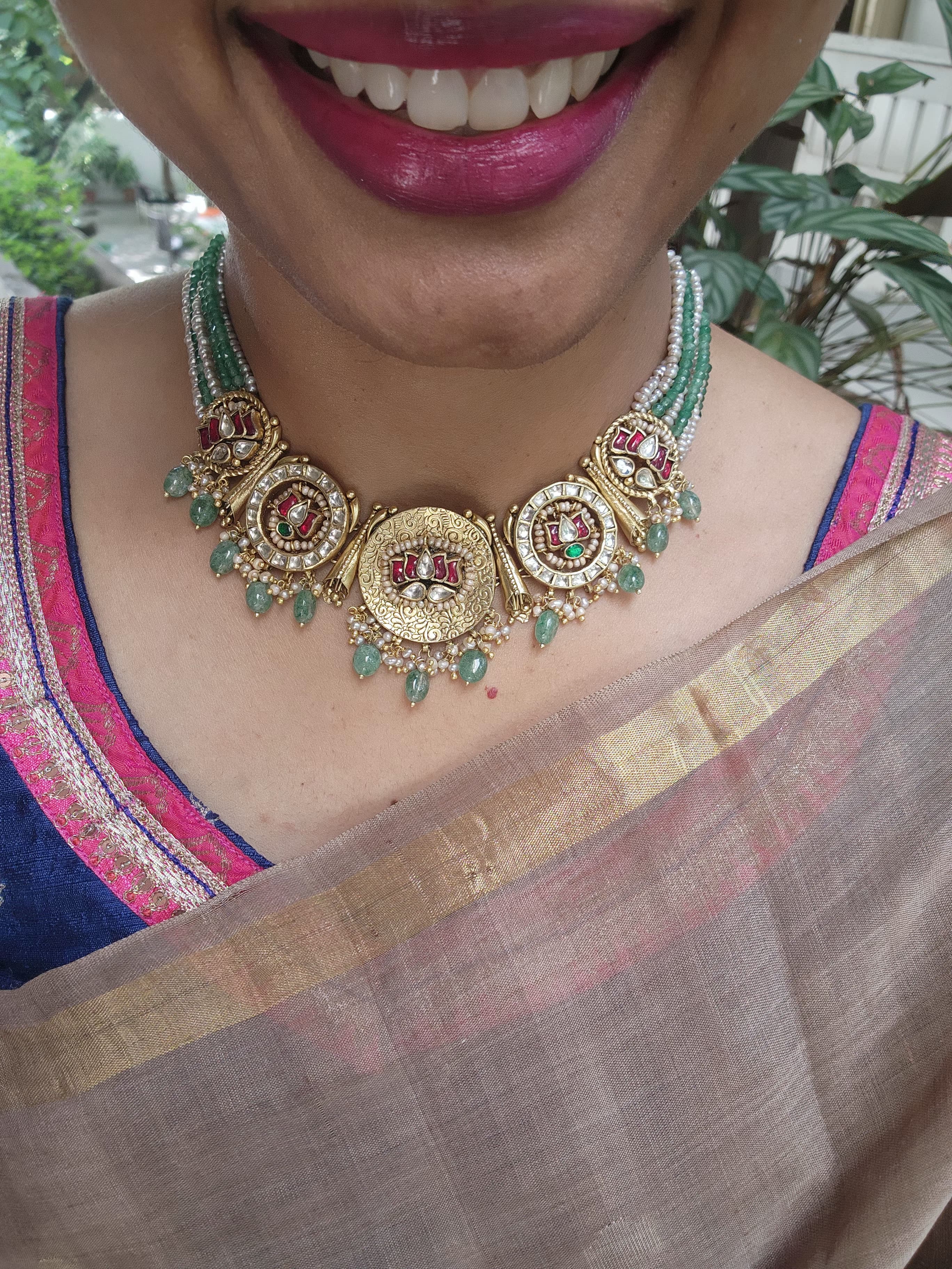 Antique gold polish kundan, ruby & emerald lotus necklace with pearls& jade beads, SET