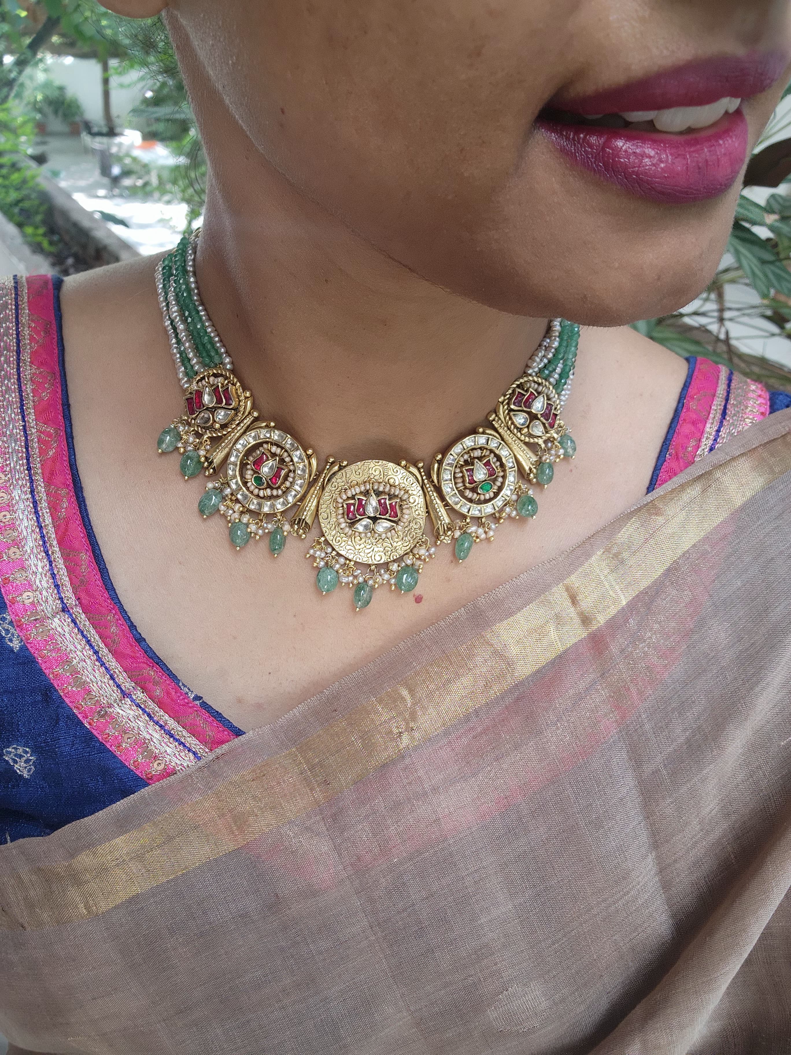 Antique gold polish kundan, ruby & emerald lotus necklace with pearls& jade beads, SET