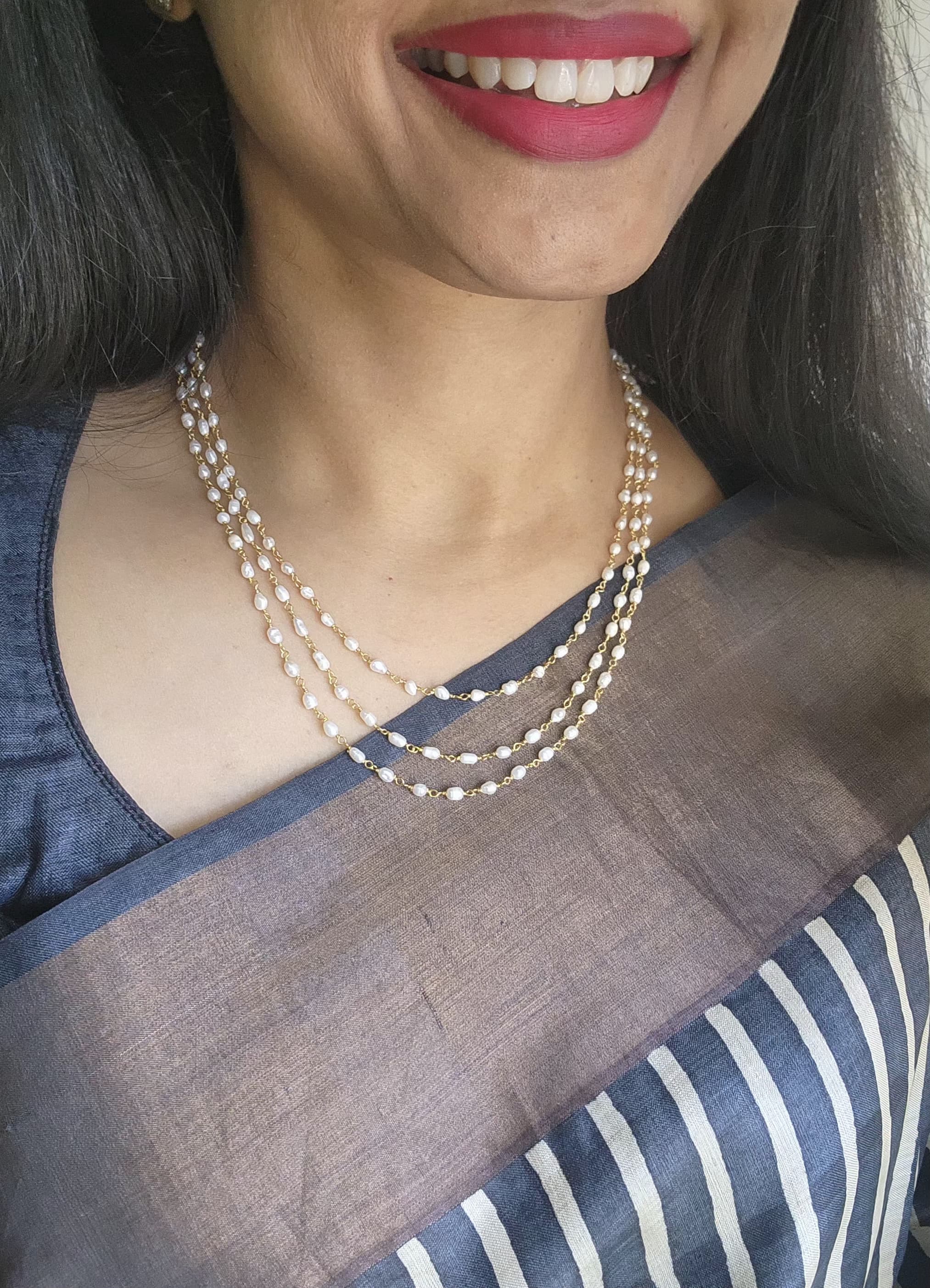 Step Fresh Water Rice Pearls 3 Line Necklace (MADE TO ORDER)-Silver Neckpiece-PL-House of Taamara