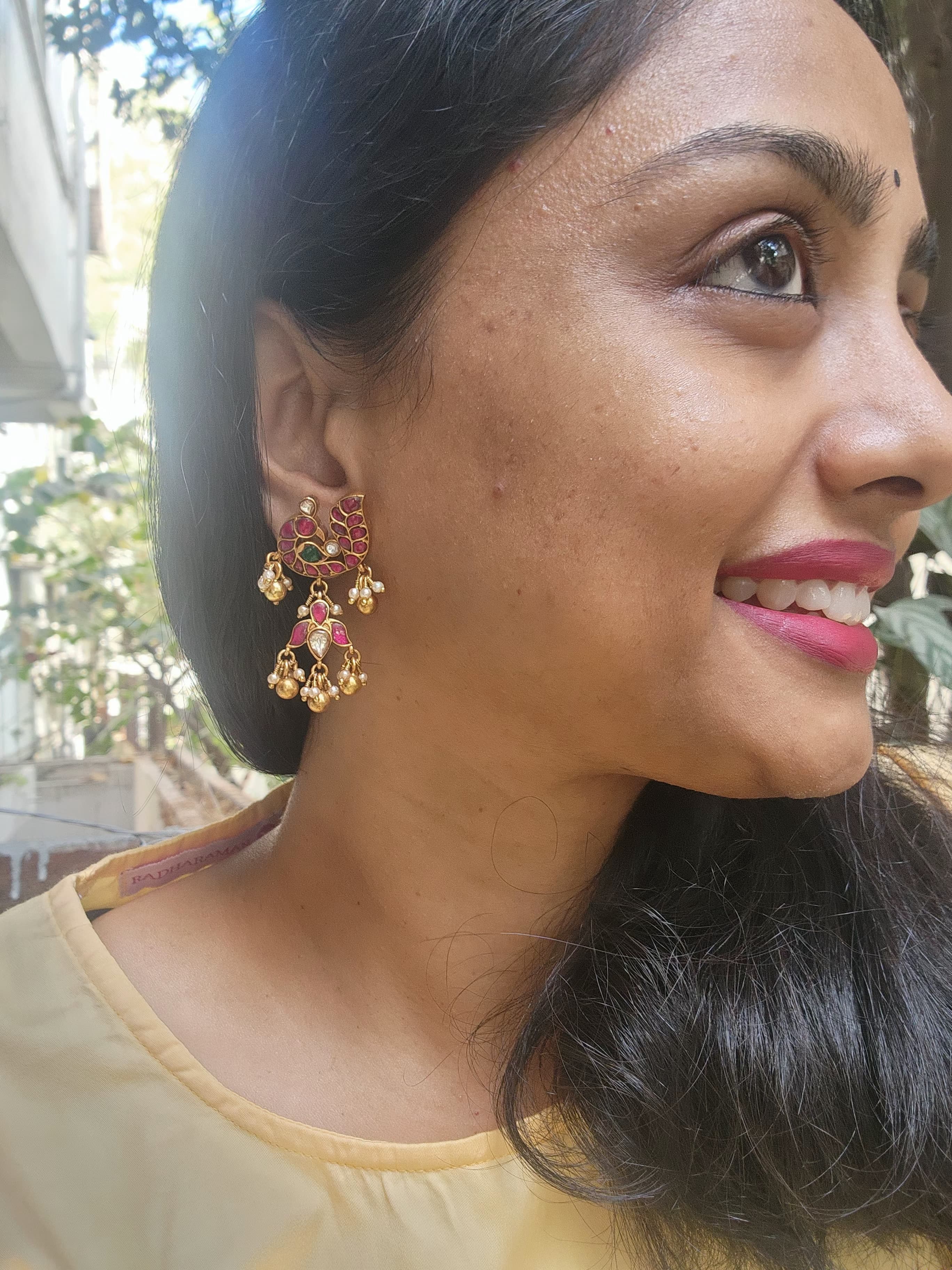 Kundan peacock earrings with inverted lotus & bunch pearls-Earrings-PL-House of Taamara