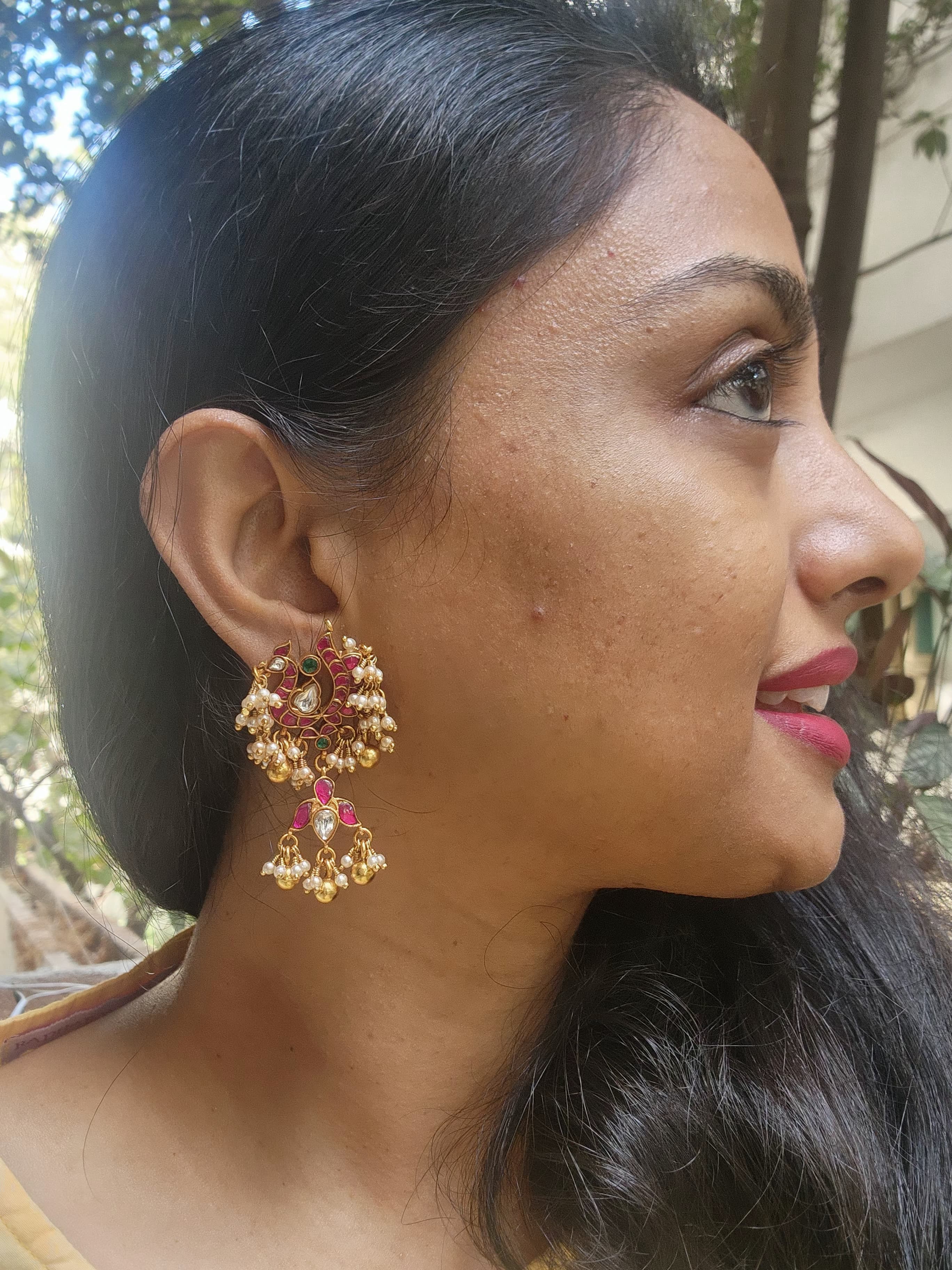 Kundan peacock earrings with inverted lotus & bunch pearls-Earrings-PL-House of Taamara