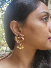 Kundan peacock earrings with inverted lotus & bunch pearls-Earrings-PL-House of Taamara