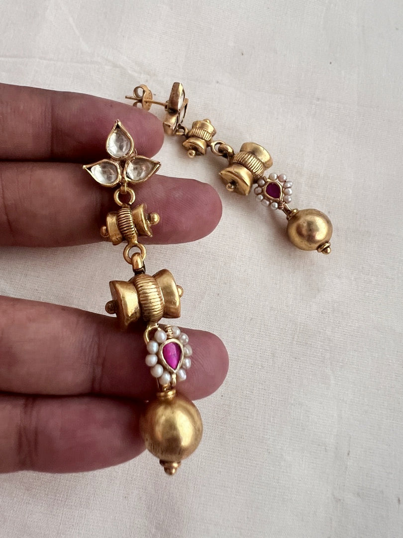 Gold polish kundan & ruby hangings with pearls