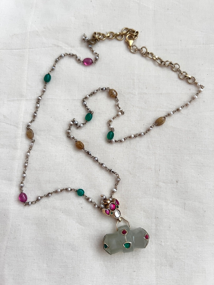 Kundan & ruby pendant with inlay work on natural jade stone with pearls chain