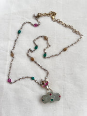 Kundan & ruby pendant with inlay work on natural jade stone with pearls chain
