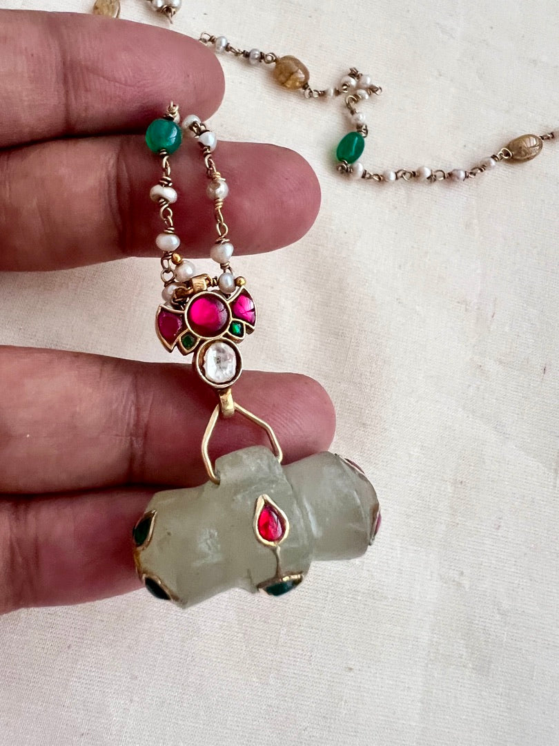 Kundan & ruby pendant with inlay work on natural jade stone with pearls chain